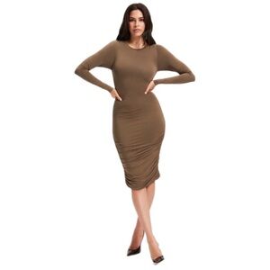 Good American Ruched Midi Dress Fog Size 0 XS NWT